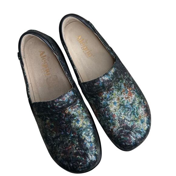 ALEGRIA Women's 41 Keli Floral Fusion Slip On Comfort Shoe Leather Metallic Blk - Picture 1 of 11